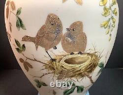 Bohemian Riedel Hand Painted Enameled Bird Custard Glass Vase Uranium 11 1/4