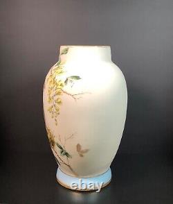 Bohemian Riedel Hand Painted Enameled Bird Custard Glass Vase Uranium 11 1/4