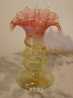 Bohemian Rubina Verde Ruby Vaseline Vase with Applied Notched Neck Rigaree