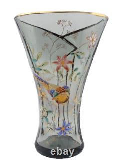 Bohemian Smokey Gray Hand Painted Enameled Bird & Floral Cut Art Glass Vase