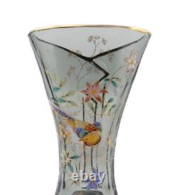 Bohemian Smokey Gray Hand Painted Enameled Bird & Floral Cut Art Glass Vase