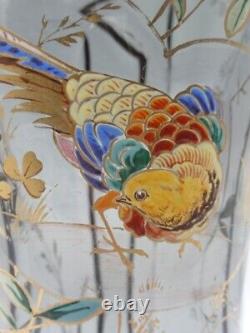 Bohemian Smokey Gray Hand Painted Enameled Bird & Floral Cut Art Glass Vase