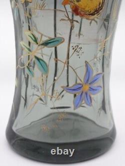 Bohemian Smokey Gray Hand Painted Enameled Bird & Floral Cut Art Glass Vase