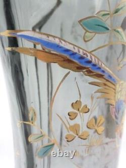 Bohemian Smokey Gray Hand Painted Enameled Bird & Floral Cut Art Glass Vase