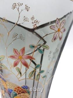 Bohemian Smokey Gray Hand Painted Enameled Bird & Floral Cut Art Glass Vase