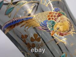 Bohemian Smokey Gray Hand Painted Enameled Bird & Floral Cut Art Glass Vase