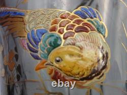 Bohemian Smokey Gray Hand Painted Enameled Bird & Floral Cut Art Glass Vase