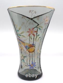 Bohemian Smokey Gray Hand Painted Enameled Bird & Floral Cut Art Glass Vase