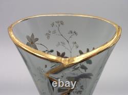 Bohemian Smokey Gray Hand Painted Enameled Bird & Floral Cut Art Glass Vase