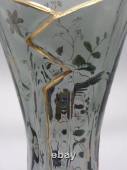 Bohemian Smokey Gray Hand Painted Enameled Bird & Floral Cut Art Glass Vase