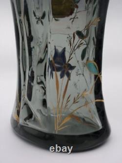 Bohemian Smokey Gray Hand Painted Enameled Bird & Floral Cut Art Glass Vase