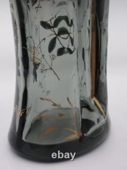 Bohemian Smokey Gray Hand Painted Enameled Bird & Floral Cut Art Glass Vase