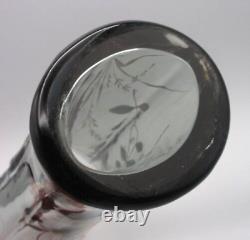 Bohemian Smokey Gray Hand Painted Enameled Bird & Floral Cut Art Glass Vase