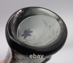 Bohemian Smokey Gray Hand Painted Enameled Bird & Floral Cut Art Glass Vase