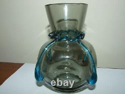 Bohemian Smokey Grey Harrach Glass Vase with Blue Teardrops Possibly Moser