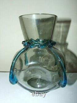 Bohemian Smokey Grey Harrach Glass Vase with Blue Teardrops Possibly Moser