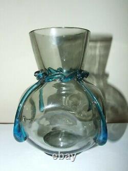 Bohemian Smokey Grey Harrach Glass Vase with Blue Teardrops Possibly Moser