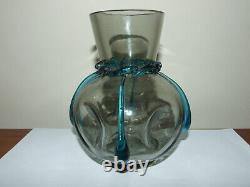 Bohemian Smokey Grey Harrach Glass Vase with Blue Teardrops Possibly Moser