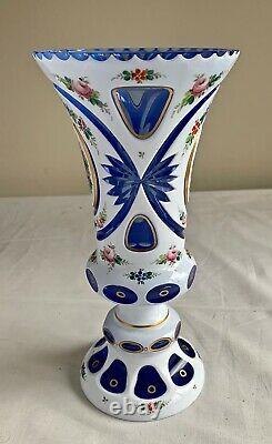 Bohemian Vase Art Glass Victorian Cased Cut to Blue Hand Painted Antique 9 inch