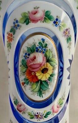 Bohemian Vase Art Glass Victorian Cased Cut to Blue Hand Painted Antique 9 inch