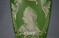 Bohemian Victorian Enameled Florentine Cameo Art Lady Portrait Green Glass Vase