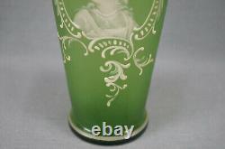 Bohemian Victorian Enameled Florentine Cameo Art Lady Portrait Green Glass Vase