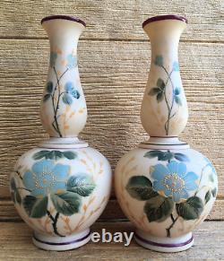 Bristol Bohemian Victorian Tan Beige Opal Milk Glass Matching Vases Blue Floral