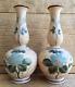 Bristol Bohemian Victorian Tan Beige Opal Milk Glass Matching Vases Blue Floral