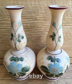 Bristol Bohemian Victorian Tan Beige Opal Milk Glass Matching Vases Blue Floral