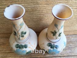 Bristol Bohemian Victorian Tan Beige Opal Milk Glass Matching Vases Blue Floral