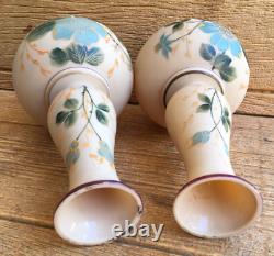 Bristol Bohemian Victorian Tan Beige Opal Milk Glass Matching Vases Blue Floral