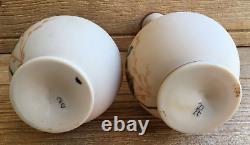 Bristol Bohemian Victorian Tan Beige Opal Milk Glass Matching Vases Blue Floral