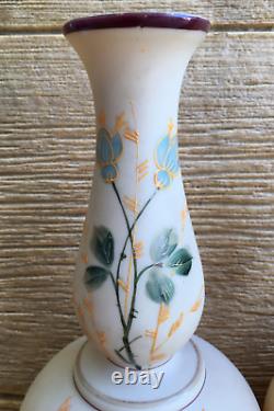 Bristol Bohemian Victorian Tan Beige Opal Milk Glass Matching Vases Blue Floral