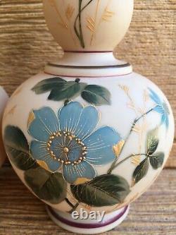 Bristol Bohemian Victorian Tan Beige Opal Milk Glass Matching Vases Blue Floral