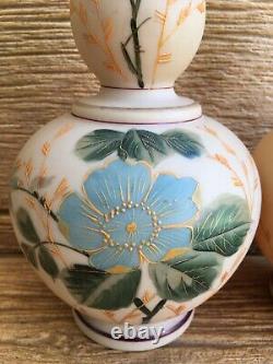 Bristol Bohemian Victorian Tan Beige Opal Milk Glass Matching Vases Blue Floral