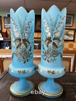 Bristol Glass Blue Vase Hand Painted