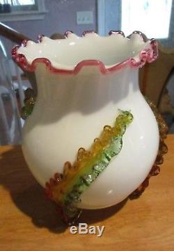 British Victorian Handblown 9 Art Glass Vase withApplied Design to Include Feet