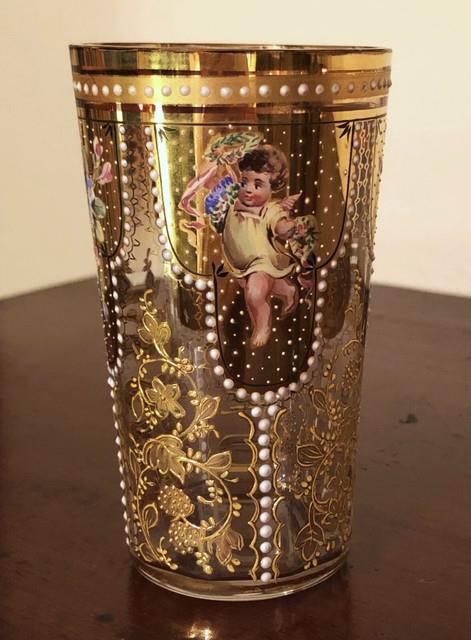C. 1890 Bohemian Moser Enameled & Gilded Glass Christmas Tumbler Beaker Angels