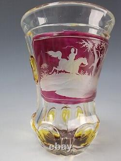 C1840 Antique Bohemian Amber and Magenta Stained Engraved Glass Beaker Vase