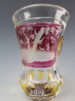 C1840 Antique Bohemian Amber and Magenta Stained Engraved Glass Beaker Vase