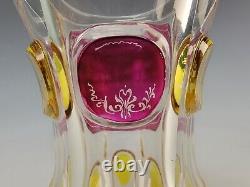 C1840 Antique Bohemian Amber and Magenta Stained Engraved Glass Beaker Vase