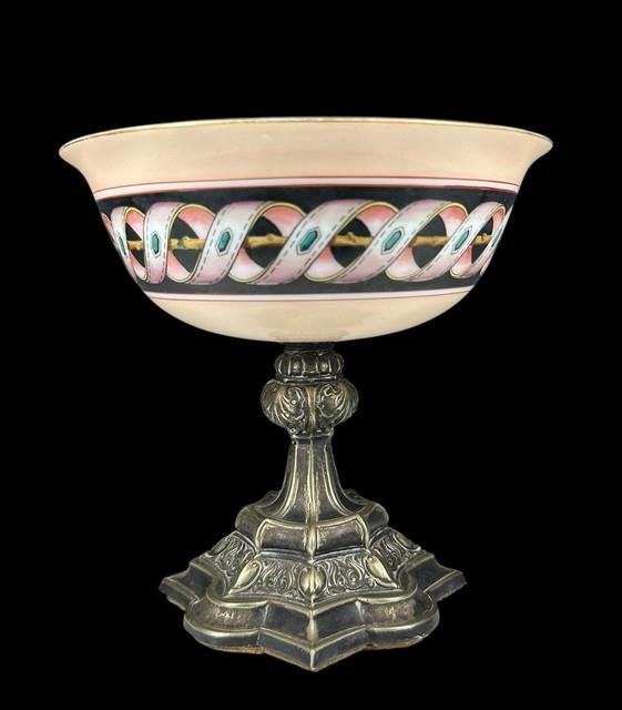 C1870 Hand Painted Bristol Glass And Gothic Pedestal Compote Victorian Aesthetic