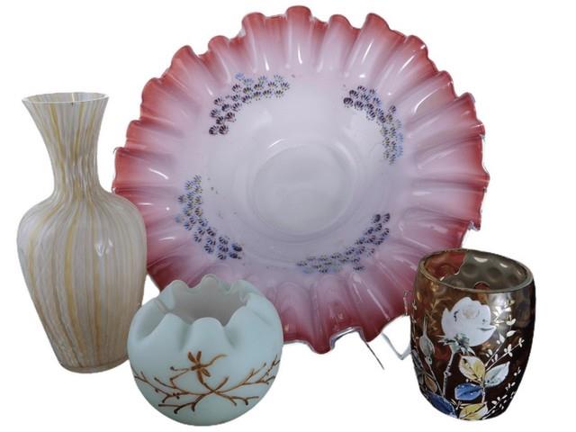 C1890 Victorian Art Glass Collection, Rainbow Blown Mold Vase, Brides Bowl, Uran