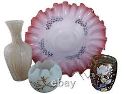 C1890 Victorian Art Glass Collection, Rainbow blown mold vase, Brides bowl, Uran