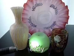 C1890 Victorian Art Glass Collection, Rainbow blown mold vase, Brides bowl, Uran