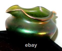 C1900 LOETZ Iridescent Green ART GLASS BOWL WithRuffled Rim Stylized Tree &Leaves