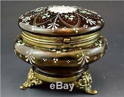 C1910 French Victorian Amber Enameled Glass Dresser Box with Art Nouveau Flowers
