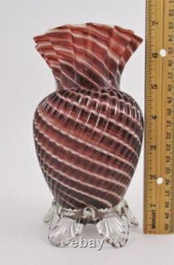 CANDY CANE Antique art glass 7 Footed VASE Cased RED & WHITE Spiral Swirl