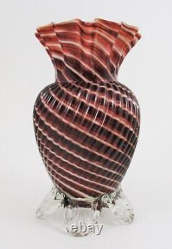 CANDY CANE Antique art glass 7 Footed VASE Cased RED & WHITE Spiral Swirl