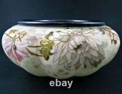 CHRYSANTHEMUMS Antique Satin Glass FERNER Bowl Signed SMITH Bros. C. 1890's